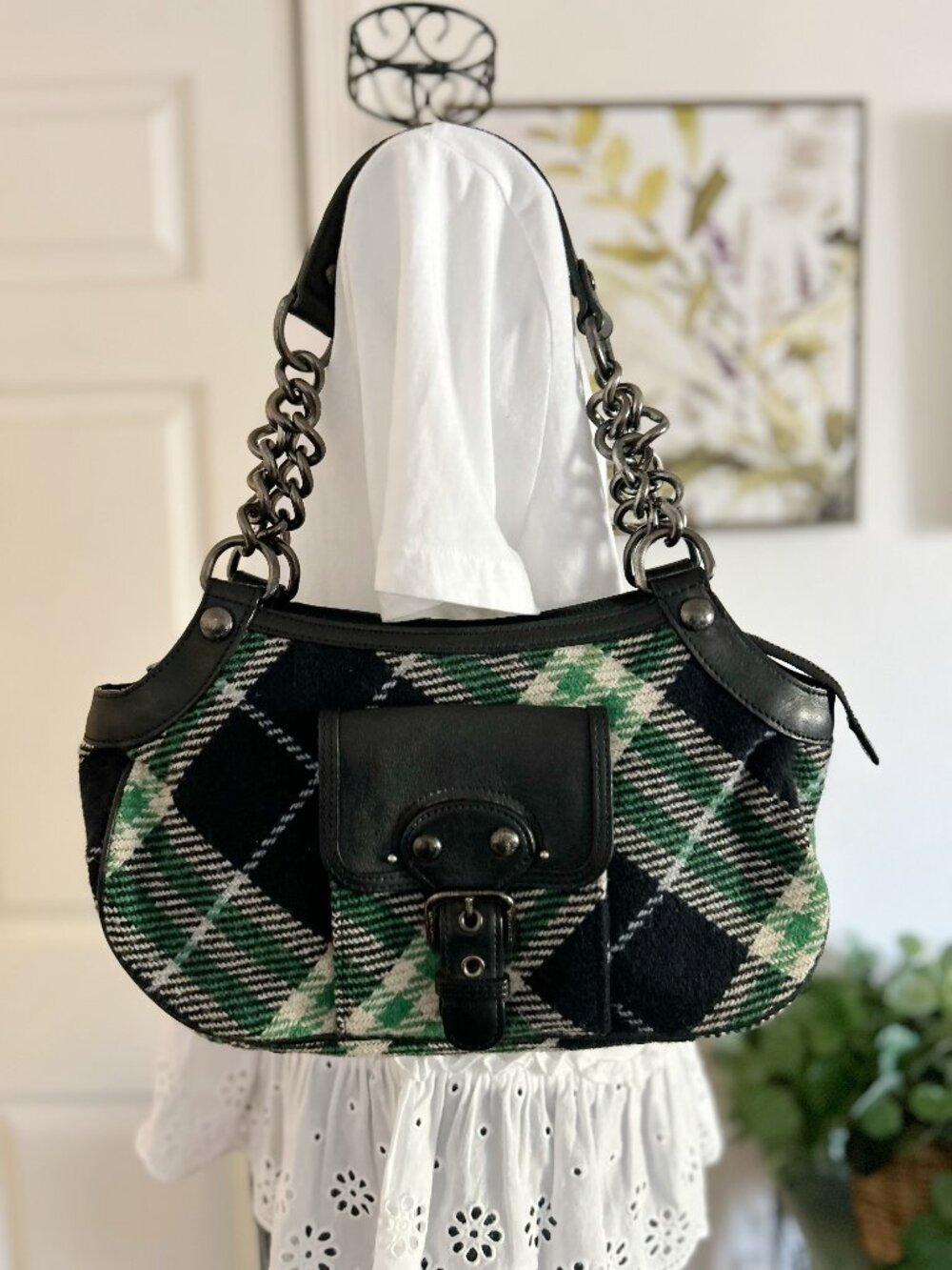 Burberry Black and Green Plaid Shoulder Bag with Chain Strap